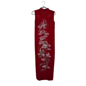 VTG Red Dragon Phoenix Cheongsam Dress Y2K Mandarin Collar Velvet Asian Inspo